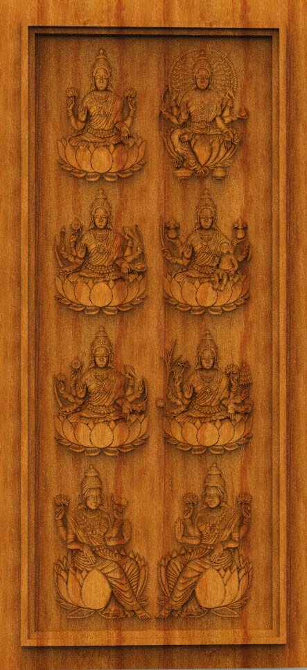 3D DOOR - OAK-94 Ashtalakshmi Divine Carved Wooden Door 3D Relief Model